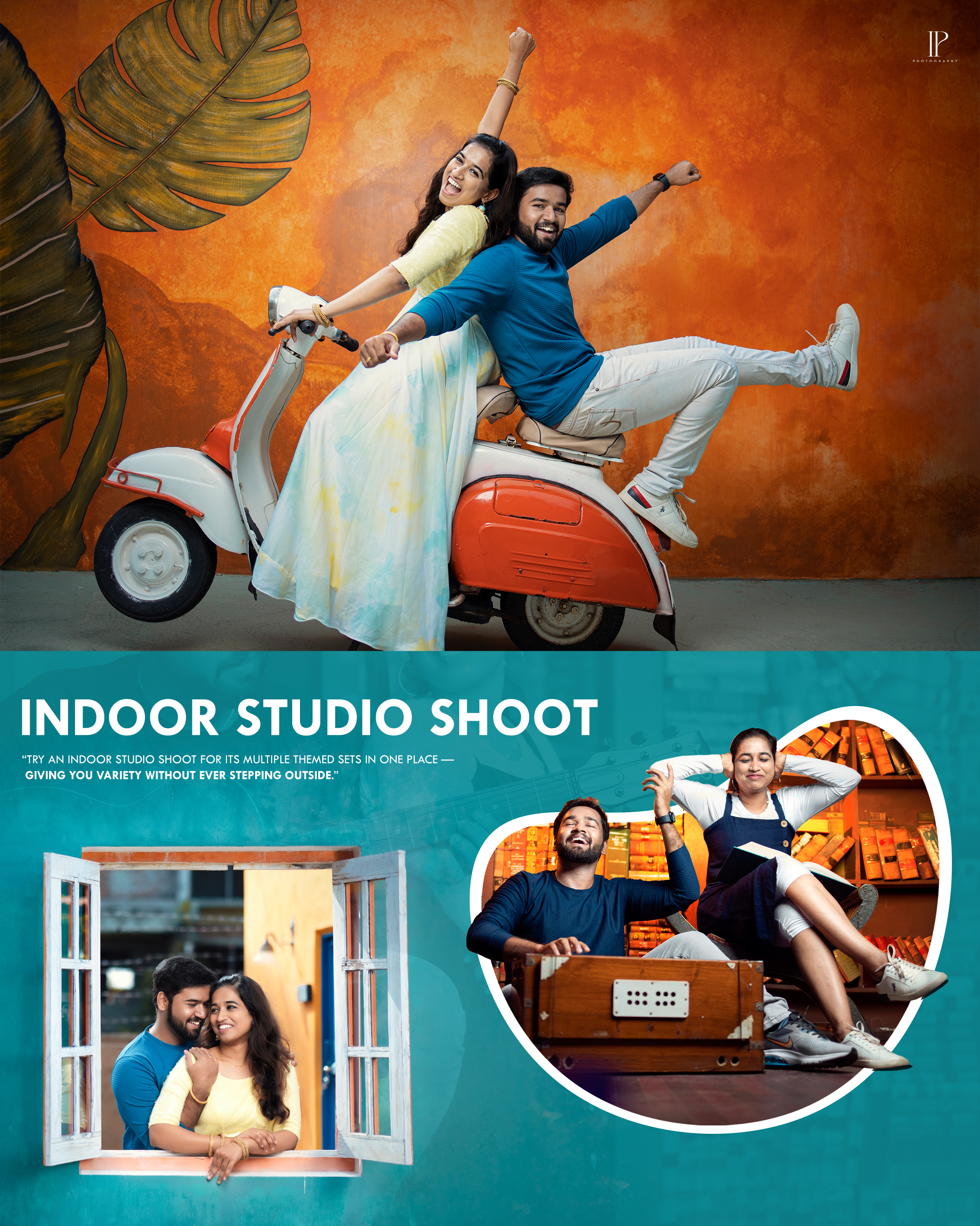 Creative Indoor Studio Couple Shoot with Retro Scooter Setup – A Timeless Romantic Experience